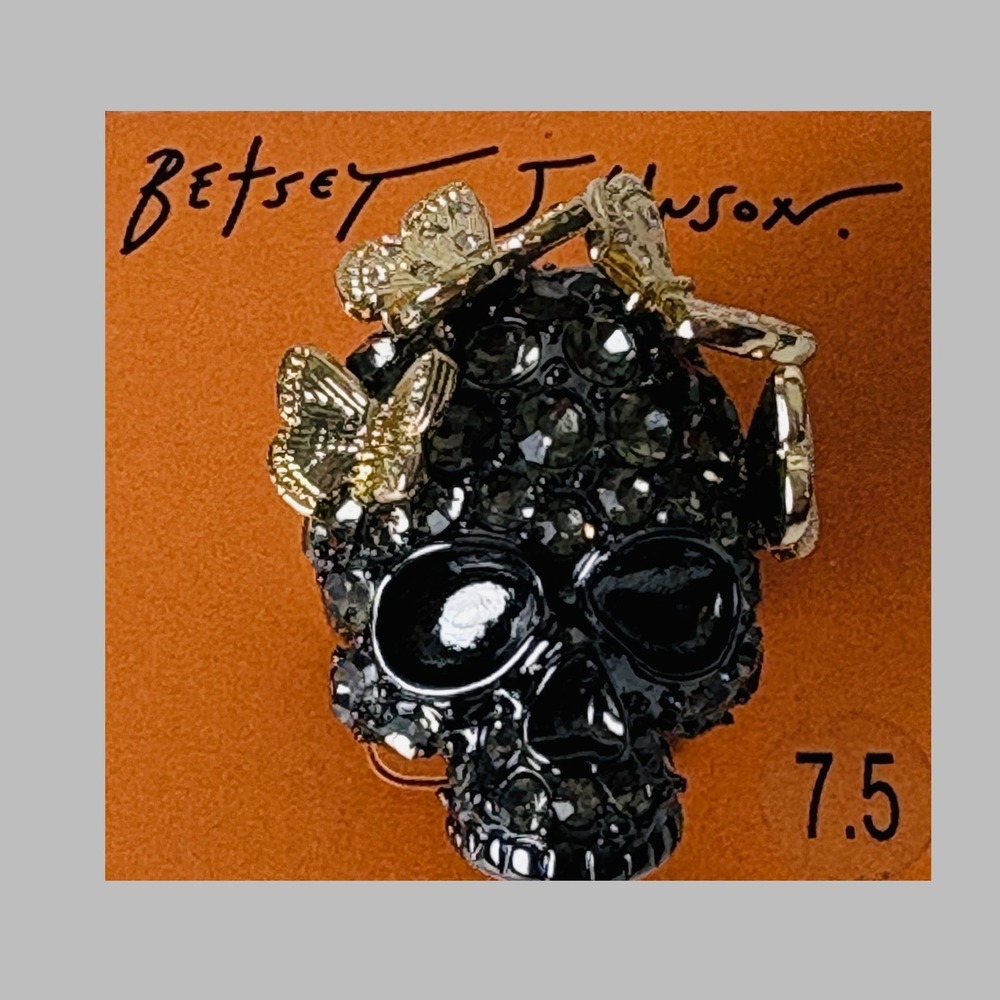 Betsey Johnson Glam Goth Skull Butterfly Pave Black Hematite Crystal Ring Sz 7.5